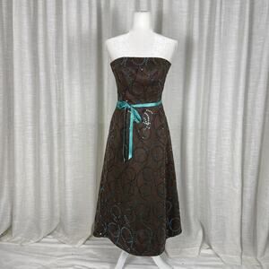 Kathlin Argiro Dress Womens 2 Brown Sequin Strapless Midi Belted Party Cocktail